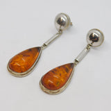 Pair of Sterling Silver Chunky Baltic Amber Long Drop Earrings Vintage c1980