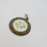 Sterling Silver Painted Porcelain Round Charm Or Pendant Vintage c1970s