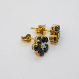 Pair of 9ct Yellow Gold, Sapphire & Diamond Daisy Cluster Earrings Vintage