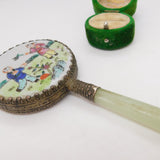 Chinese Jadeite & Painted Porcelain Backed Hand Mirror Antique c1920 Art Deco