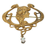 Art Nouveau Style Rolled Gold & Cabochon Opal Drop Brooch Vintage c1970