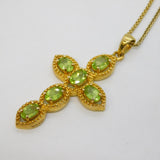 Sterling Silver Gilt Peridot Set Cross Pendant Necklace Vintage c1990s