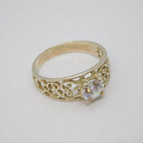 Sterling Silver Filigree Pattern CZ Solitaire Band Ring Vintage c1970 Size P 1/2