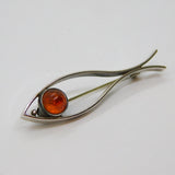 Continental .835 Silver Baltic Amber Christian Fish Symbol Brooch Vintage c1970