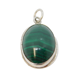 Sterling Silver Malachite Cabochon Oval Charm Pendant Vintage c1970