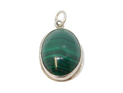 Sterling Silver Malachite Cabochon Oval Charm Pendant Vintage c1970