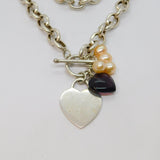 Sterling Silver Heart T-Bar With Heart & Pearl Beads Necklace Vintage c2000