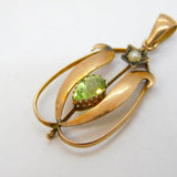 Edwardian 9ct Gold, Peridot & Pearl Set Lavalier Drop Pendant Antique c1910