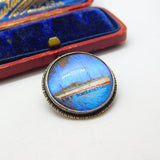 WWII Sterling Silver & Morpho Butterfly Wing 'HMS Somersetshire' Brooch Antique