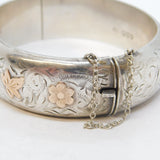 Sterling Silver & Gold Floral Pattern Cuff Bangle Bracelet Vintage 1960 Chester