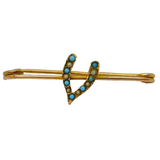 Edwardian 9ct Yellow Gold, Turquoise, Seed Pearl Wishbone Brooch Antique c1910