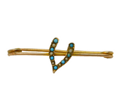 Edwardian 9ct Yellow Gold, Turquoise, Seed Pearl Wishbone Brooch Antique c1910