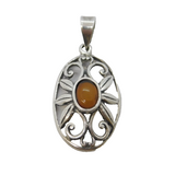 Sterling Silver & Cabochon Amber Floral Drop Pendant Vintage c1980
