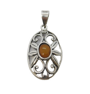 Sterling Silver & Cabochon Amber Floral Drop Pendant Vintage c1980