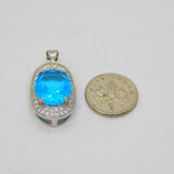 Sterling Silver Oval Cut Blue Topaz & White Topaz Drop Pendant Modern c1990s