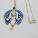 Sterling Silver, Enamel & Pearl Set Art Nouveau Style Pendant Necklace Vintage