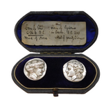 Victorian Boxed Sterling Silver Ancient Greek Coin Stud Set Antique c1880s