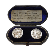Victorian Boxed Sterling Silver Ancient Greek Coin Stud Set Antique c1880s
