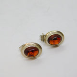 Pair of Sterling Silver Baltic Amber Oval Stud Earrings Vintage c1970