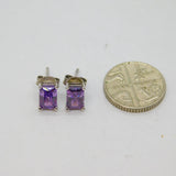 Pair of Sterling Silver Purple CZ Baguette Stud Earrings Contemporary c1990