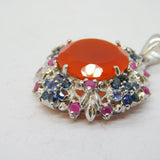 Sterling Silver, Agate, Sapphire & Ruby Floral Pendant Vintage c1990s