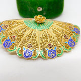 Chinese Export Sterling Silver Gilt Enamel Filigree Fan Brooch Vintage c1950