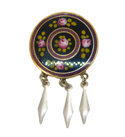 Art Deco Silver Plated & Guilloche Enamel Floral Drop Brooch Antique c1920s