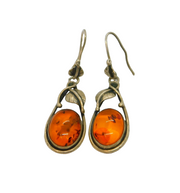 Pair of Sterling Silver Chunky Baltic Amber Floral Drop Earrings Vintage c1970