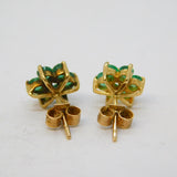 9ct Yellow Gold, Emerald & Diamond Set Floral Cluster Stud Earrings Vintage