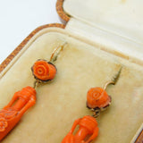 Georgian Boxed 14ct Gold, Carved Coral Flower & Urn Drop Earrings Antique