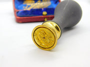 Plaster Handle & Carved Brass Floral Desk Seal Stamp Antique c1940 Art Deco