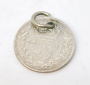 Sterling Silver Victorian Threepence Coin Charm Pendant Antique 1891
