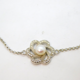 Sterling Silver Pearl & CZ Flower With Delicate Chain Bracelet Vintage c1990