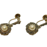 Pair of Sterling Silver Pearl & Marcasite Deco Screw Back Earrings Antique c1930