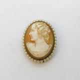 Art Deco Sterling Silver Gilt, Carved Shell & Seed Pearl Cameo Brooch Antique