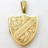 Victorian Gilt Metal Floral Pattern Shield Form Locket Pendant Antique c1880s