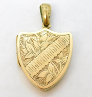 Victorian Gilt Metal Floral Pattern Shield Form Locket Pendant Antique c1880s