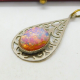 White Metal & Opal Drop Charm Pendant Vintage c1970