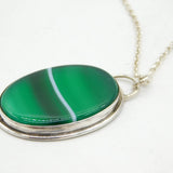 Sterling Silver & Banded Green Agate Drop Pendant Necklace Vintage c1970
