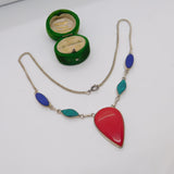 Sterling Silver, Red & Blue Hardstone Drop Necklace Vintagec 1970