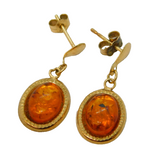 9ct Yellow Gold & Cabochon Cut Baltic Amber Stud Earrings Vintage c1980