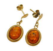 9ct Yellow Gold & Cabochon Cut Baltic Amber Stud Earrings Vintage c1980