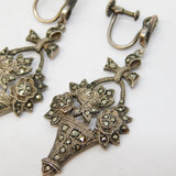 Art Deco Sterling Silver Marcasite Set Flower Basket Screw-Back Earrings Antique