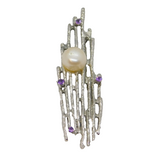 Sterling Silver 4 Amethyst & Pearl Nature Inspired Brooch/Pendant Modern c2000