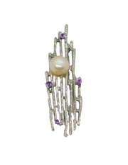 Sterling Silver 4 Amethyst & Pearl Nature Inspired Brooch/Pendant Modern c2000