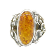 Sterling Silver & Baltic Amber Set Art Nouveau Style Ring Vintage c1970