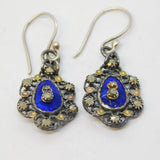 Georgian Sterling Silver, Marcasite, Enamel & Gold Floral Drop Earrings Antique