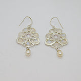Pair of Sterling Silver Moonstone, Ruby & Pearl Hook Drop Earrings Modern c1990