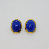 Pair of Gold On .800 Silver Blue Hard Stone Oval Clip-On Earrings Vintage c1970