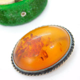 Sterling Silver Cabochon Cut Baltic Amber Brooch Pin Antique c1920 Art Deco